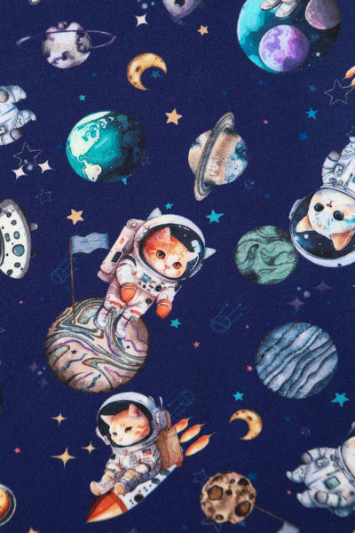 Close up View of Purple Astronaut Cat In Space Flared Dress in Blue