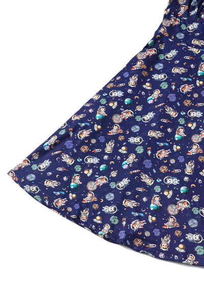 Close up View of Purple Astronaut Cat In Space Flared Dress in Blue