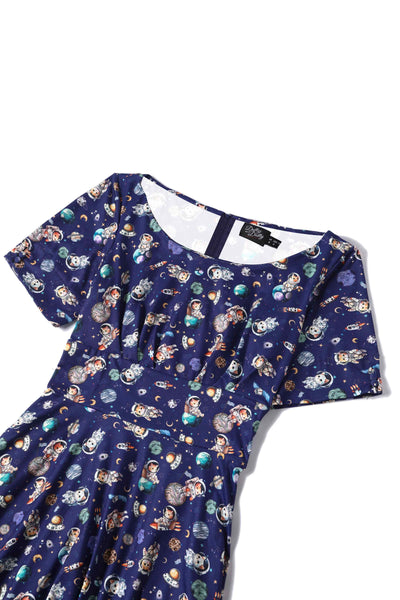 Close up View of Purple Astronaut Cat In Space Flared Dress in Blue
