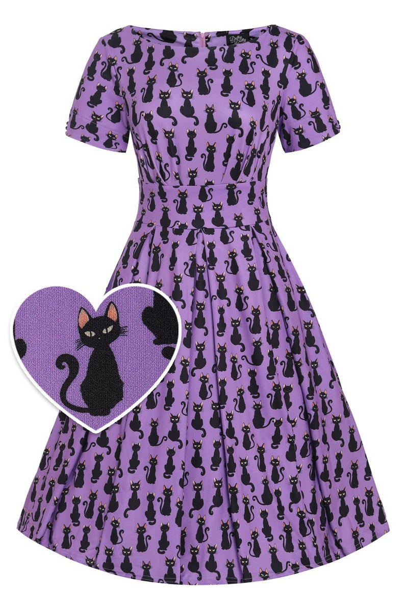Front view of Purple Black Cat Flared Dress