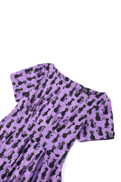 Close up view of Purple Black Cat Flared Dress