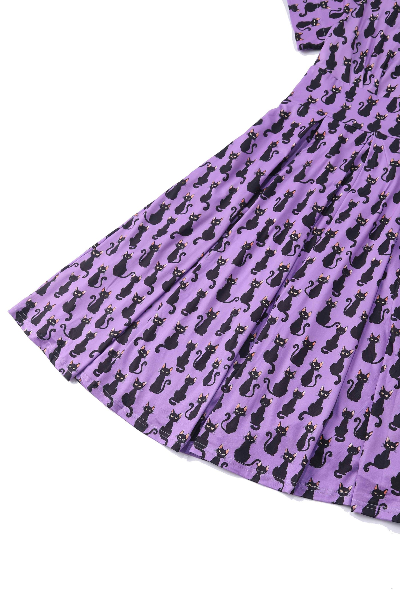 Close up view of Purple Black Cat Flared Dress