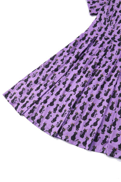 Close up view of Purple Black Cat Flared Dress