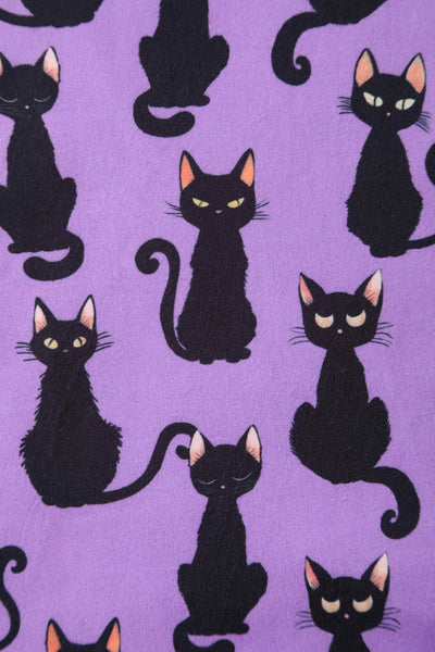 Close up view of Purple Black Cat Flared Dress