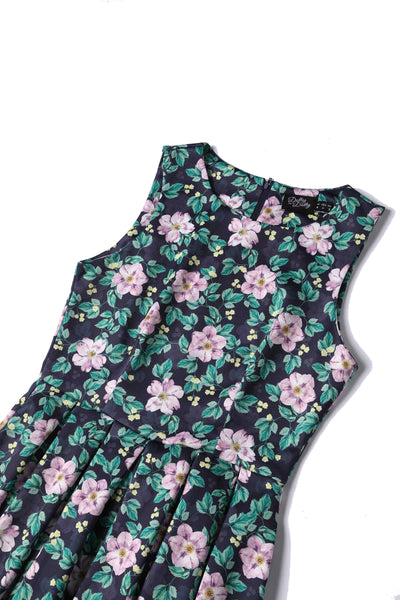 Close up  View of Purple Floral Formal Swing Dress