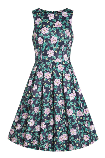 Front  View of Purple Floral Formal Swing Dress