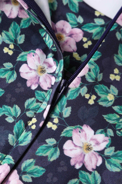 Close up view of Purple Floral Print Flared Dress in Black