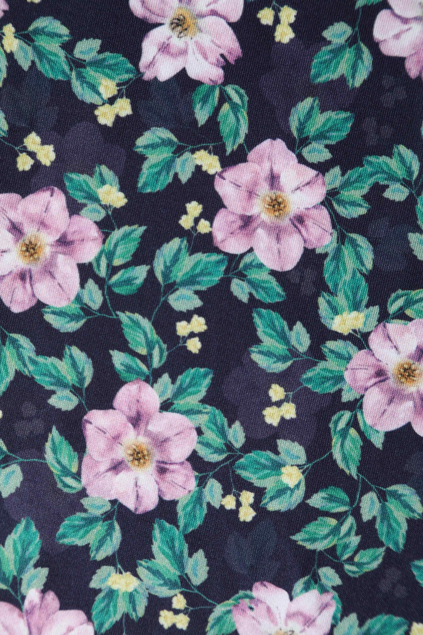 Close up view of Purple Floral Print Flared Dress in Black