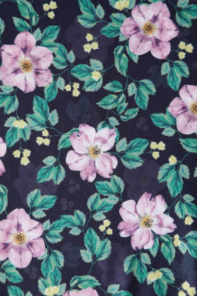 Close up view of Purple Floral Print Flared Dress in Black