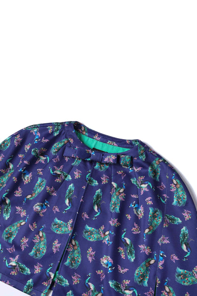 Close up View of Purple Peacock Bow Neck Coat