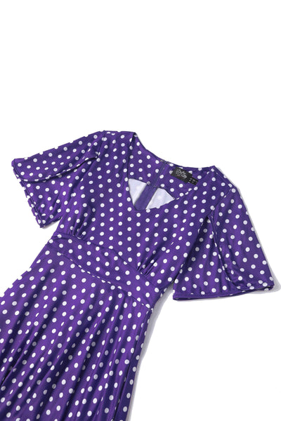 Purple Polka Dot Petal Sleeved Flared Dress