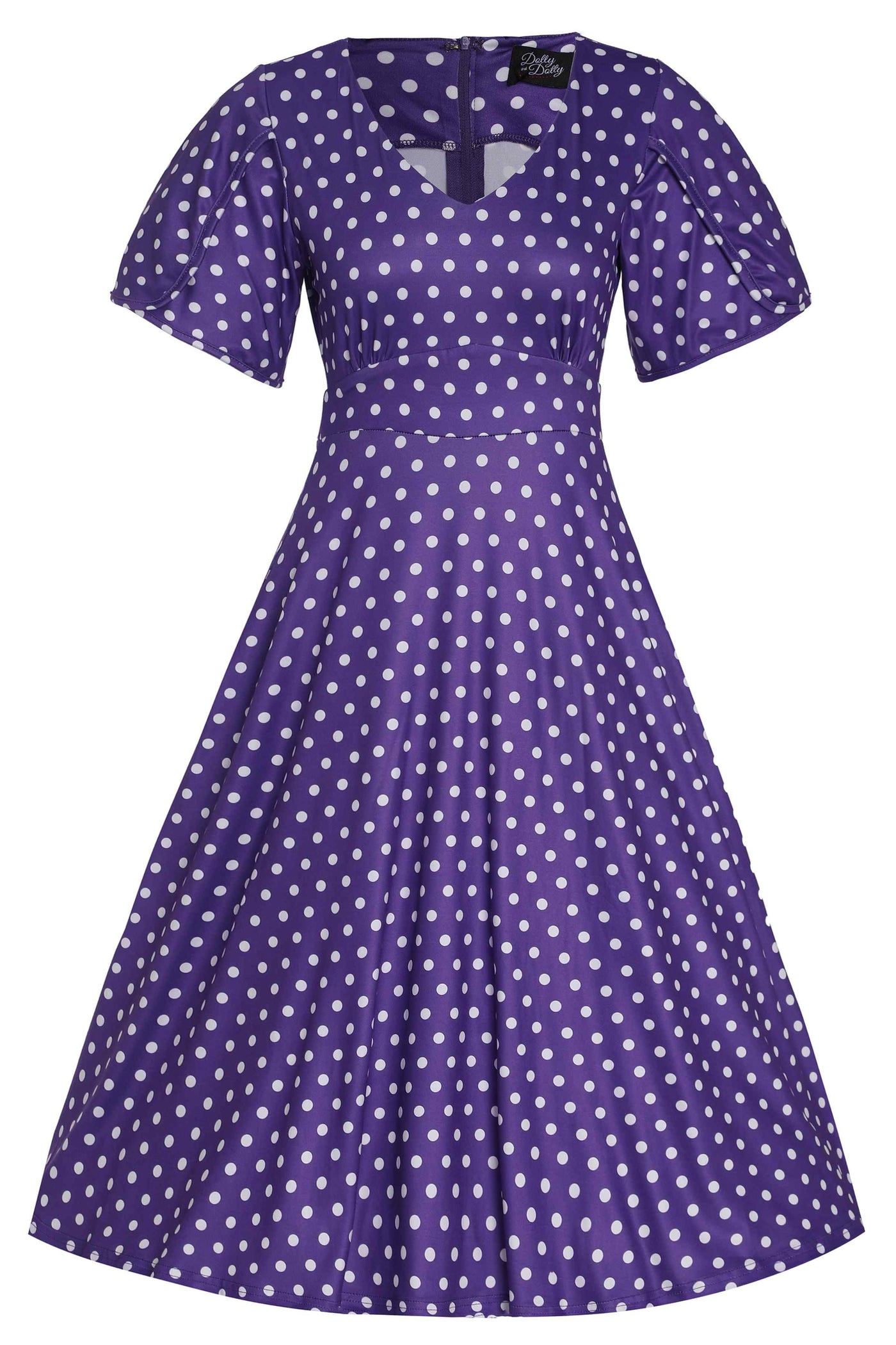 Purple Polka Dot Petal Sleeved Flared Dress