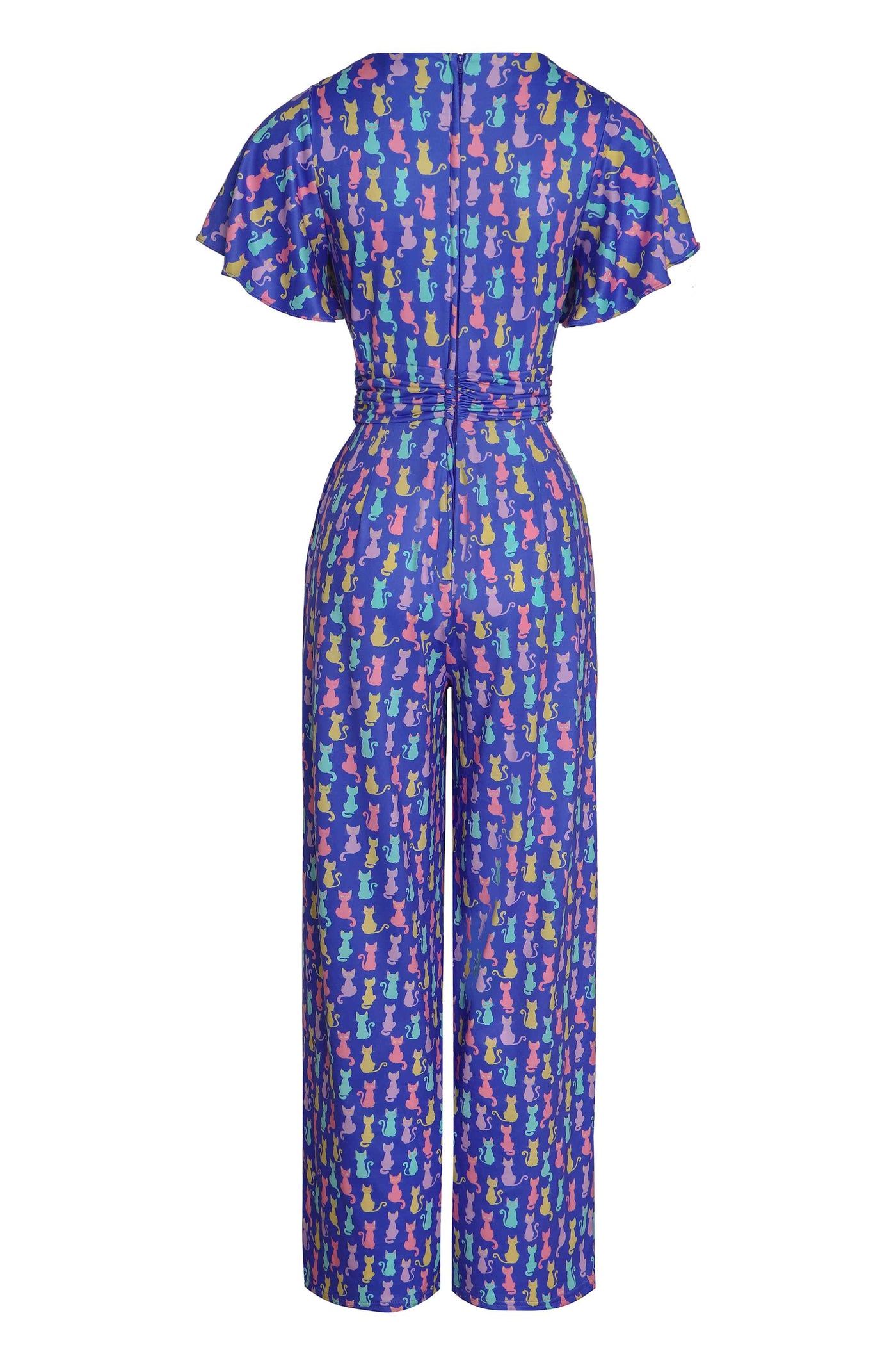 Back View of Quirky Purple Rainbow Cat Jumpsuit