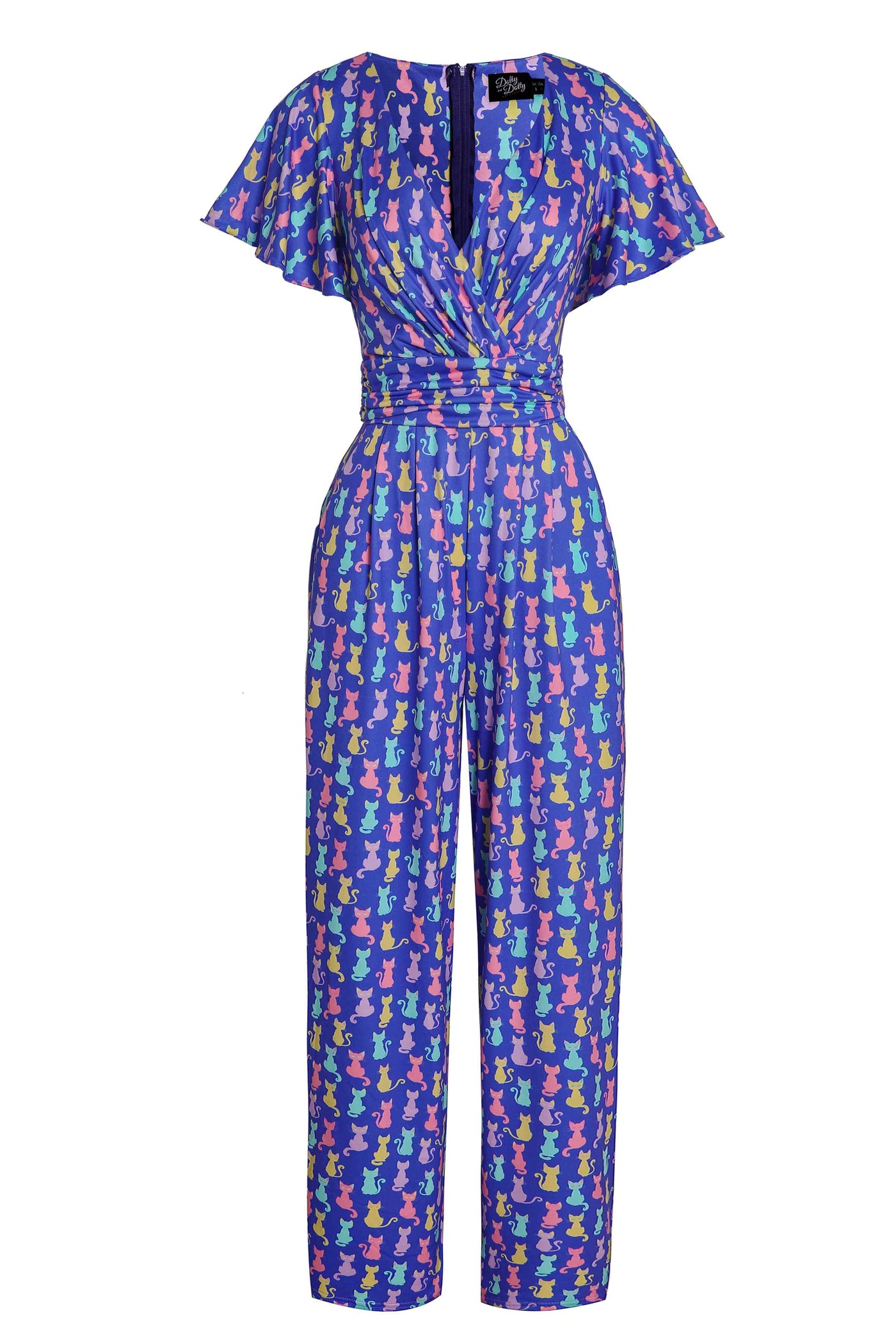 Front View of Quirky Purple Rainbow Cat Jumpsuit
