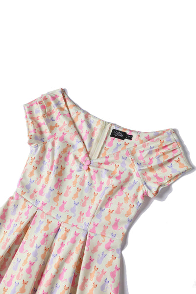 Close Up View of Rainbow Cat White Short Sleeve Swing Dress