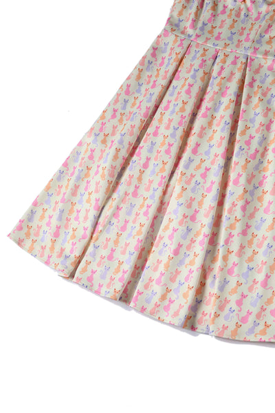 Close Up View of Rainbow Cat White Short Sleeve Swing Dress