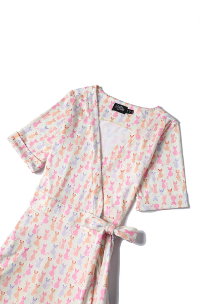 Close up View of Rainbow Cat White Wrap Dress