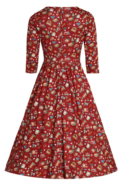  Back View of red christmas fair print long sleeved swing dress