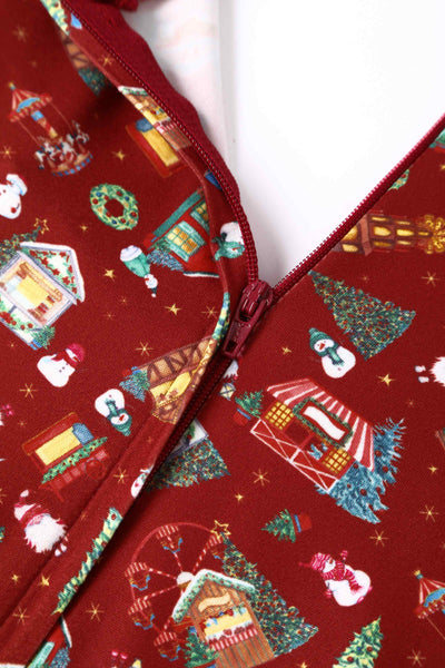  Close up View of red christmas fair print long sleeved swing dress