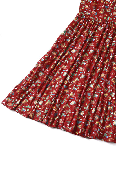  Close up View of red christmas fair print long sleeved swing dress