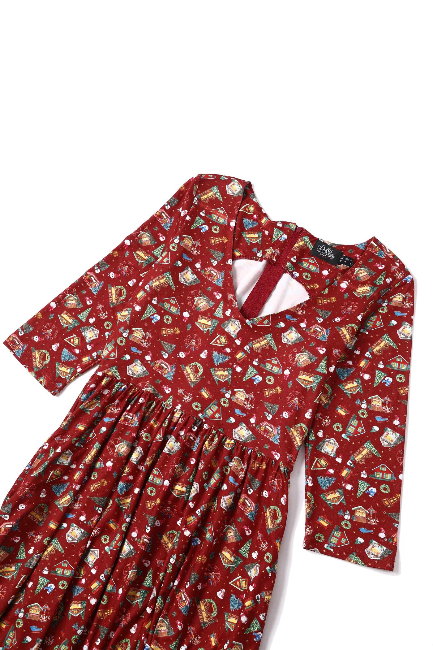  Close up View of red christmas fair print long sleeved swing dress