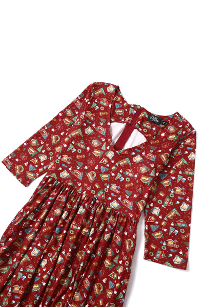  Close up View of red christmas fair print long sleeved swing dress