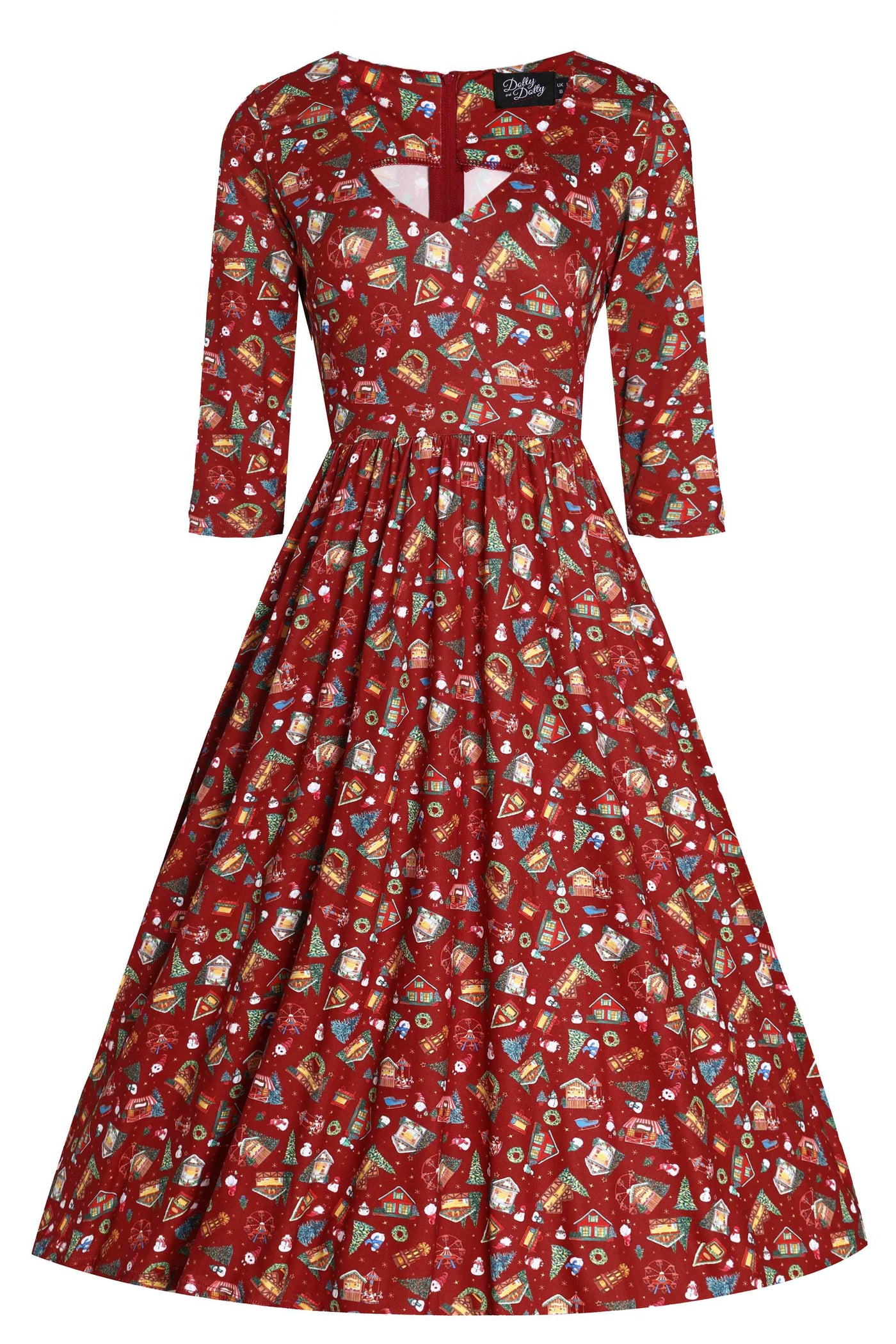 Front View of red christmas fair print long sleeved swing dress