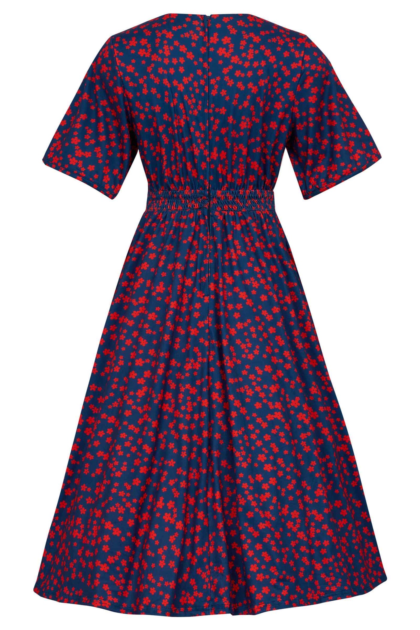 Back View of Red Ditsy Floral Petal Print Sleeve Dress in Navy Blue