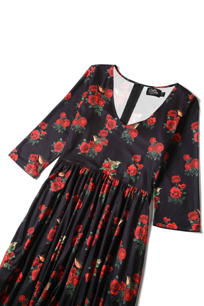 Close up  View of Red Rose and Bird Print Long Sleeved Dress in Black