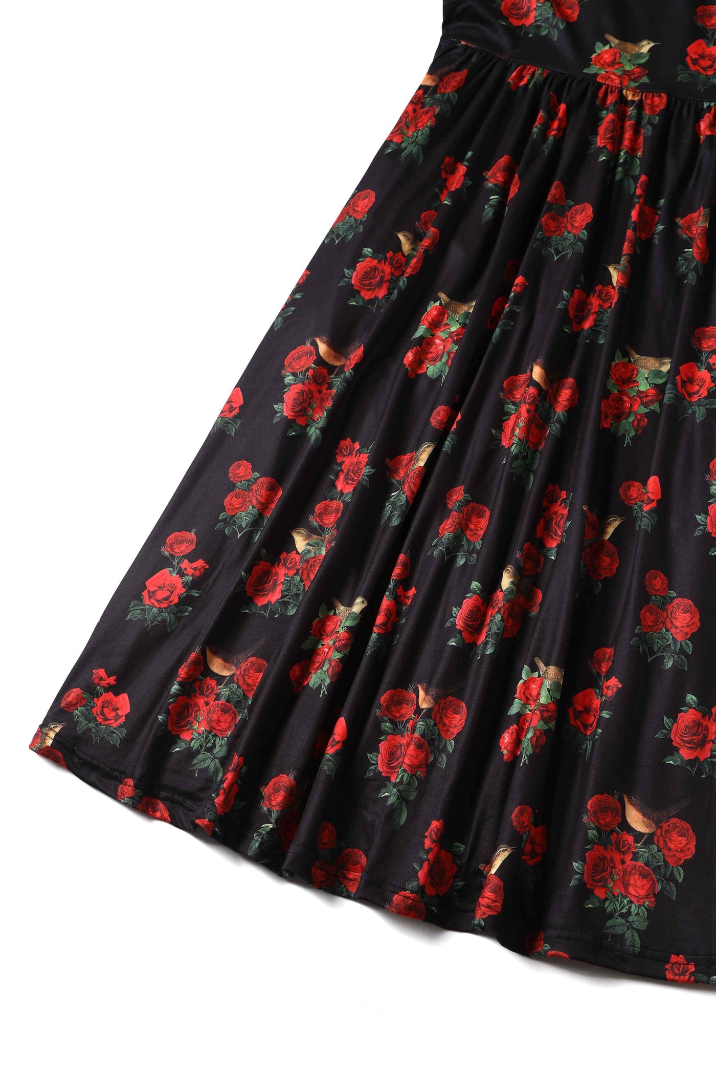 Close up View of Red Rose and Bird Print Long Sleeved Dress in Black