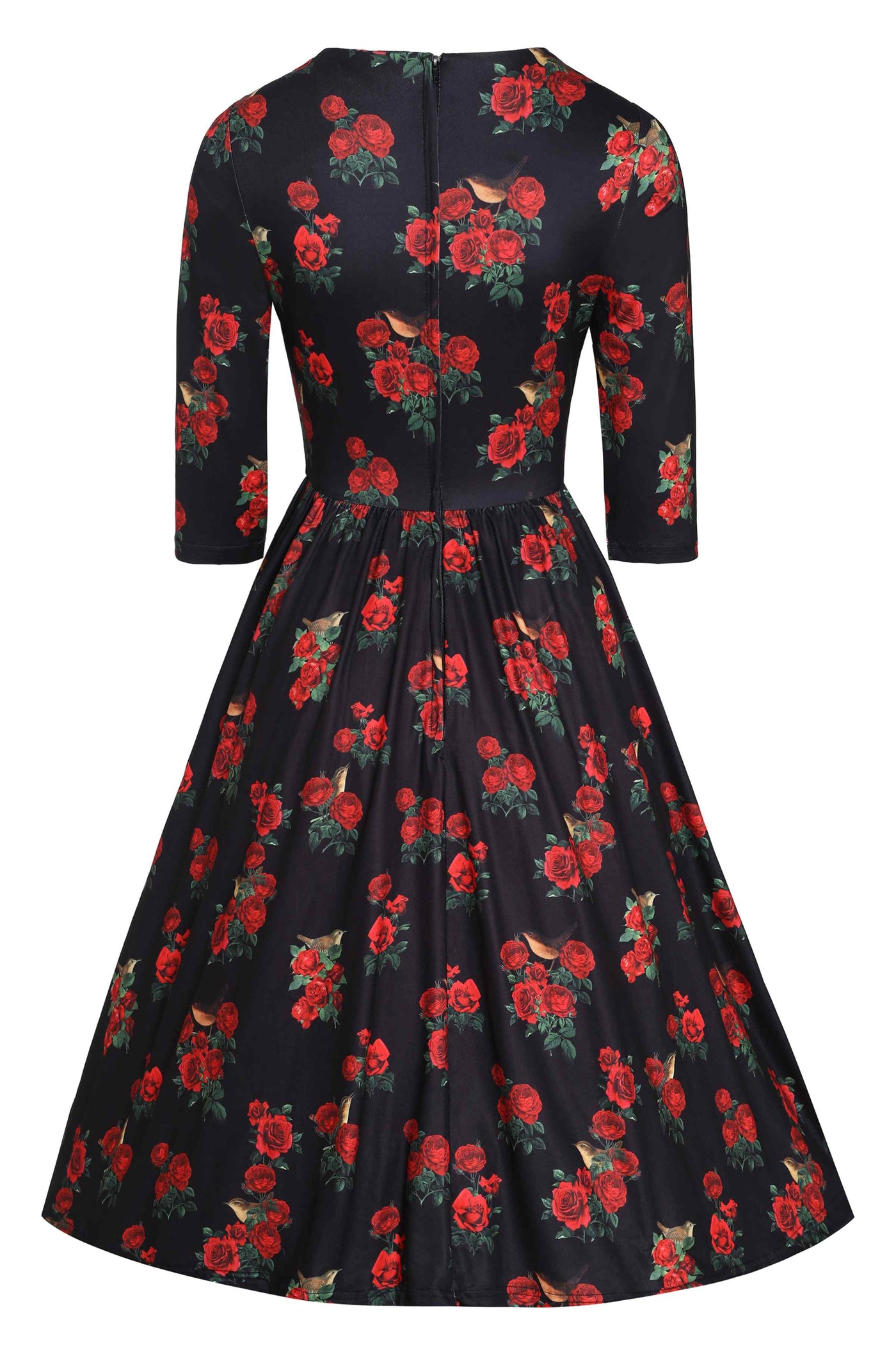 Back View of Red Rose and Bird Print Long Sleeved Dress in Black