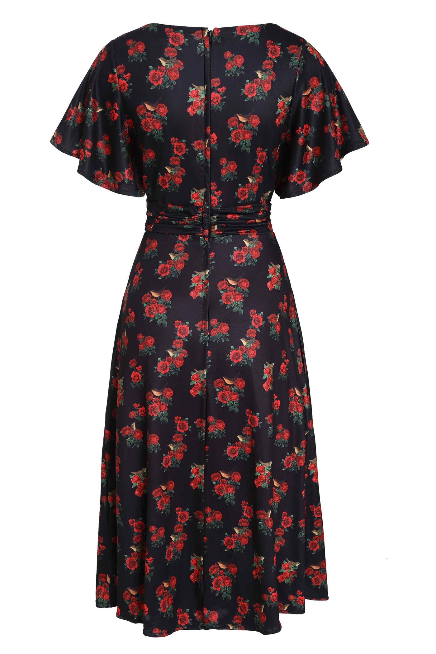 Back View of Red Rose Print Crossover Bust Dress in Black