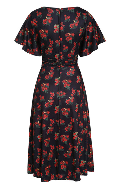 Back View of Red Rose Print Crossover Bust Dress in Black
