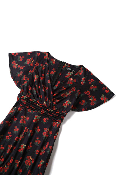 Close up View of Red Rose Print Crossover Bust Dress in Black