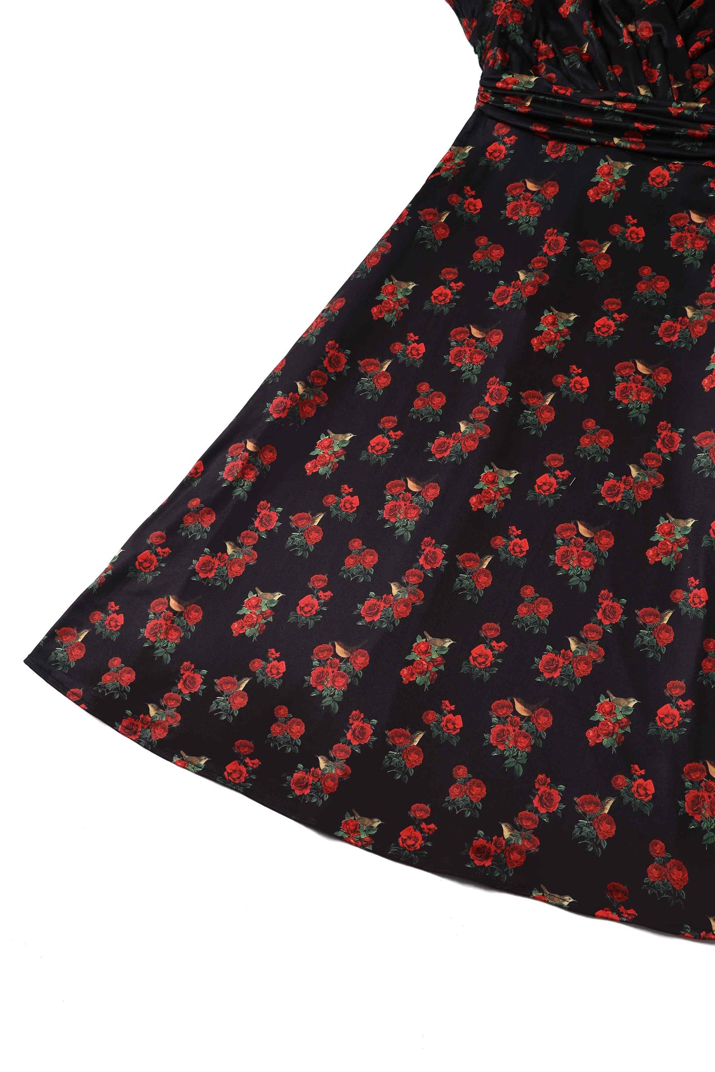 Close up View of Red Rose Print Crossover Bust Dress in Black