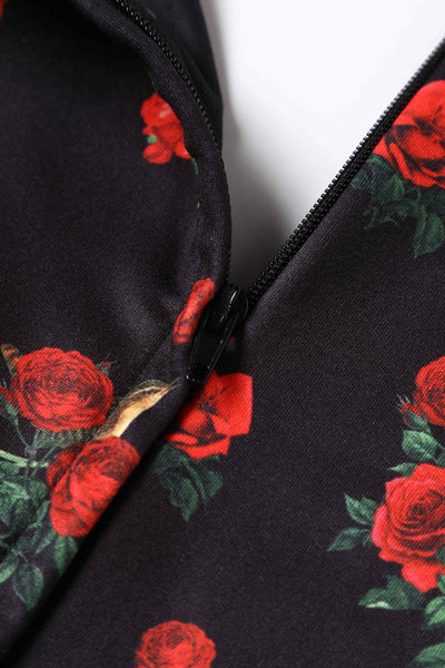 Close up View of Red Rose Print Crossover Bust Dress in Black