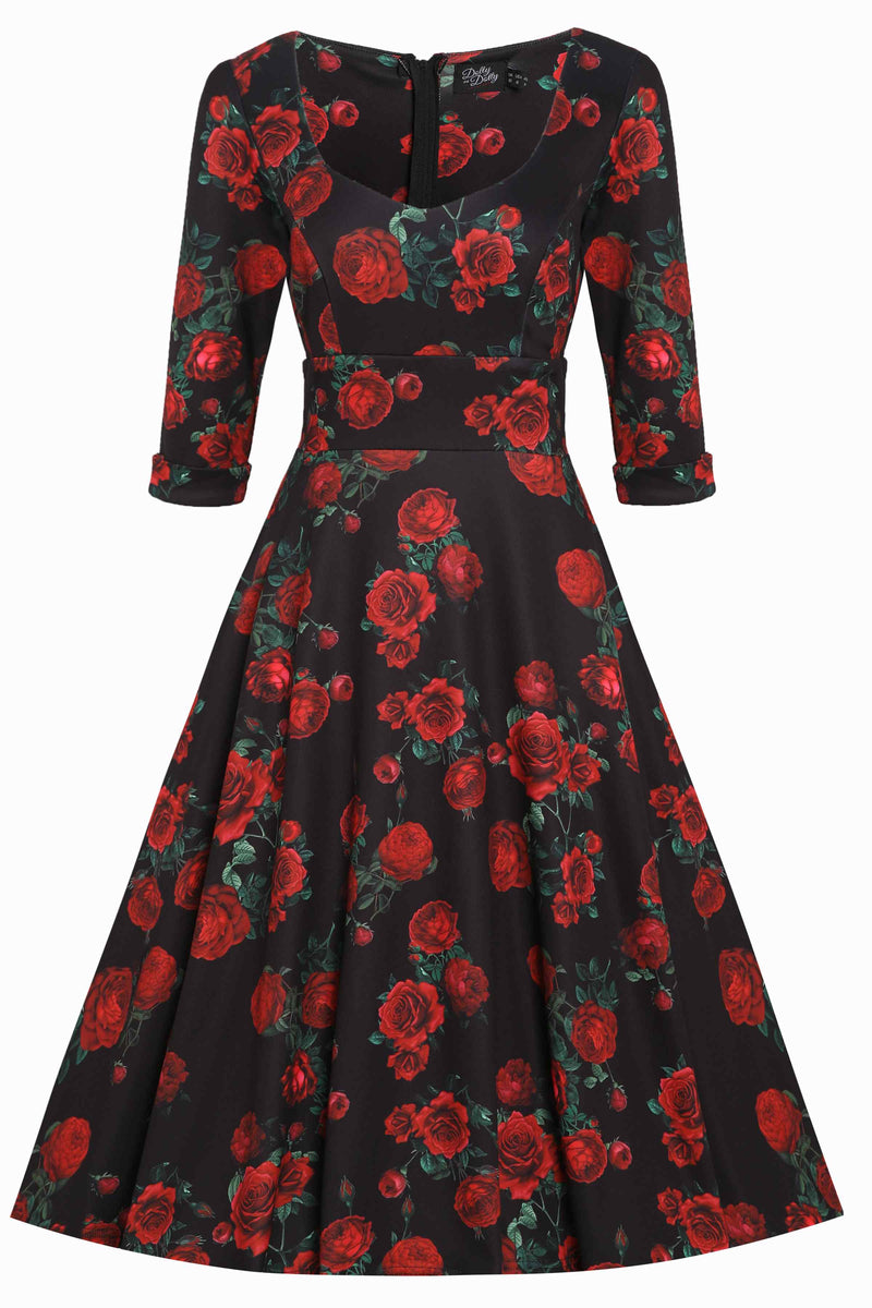 Red Rose Formal Swing Dress in Black