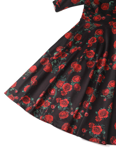 Red Rose Formal Swing Dress in Black