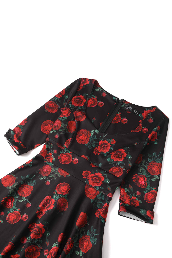 strapless open back dress 80s does 50s BLACK FULL SKIRTED DRESS WITH BIG RED ROSE PRINT