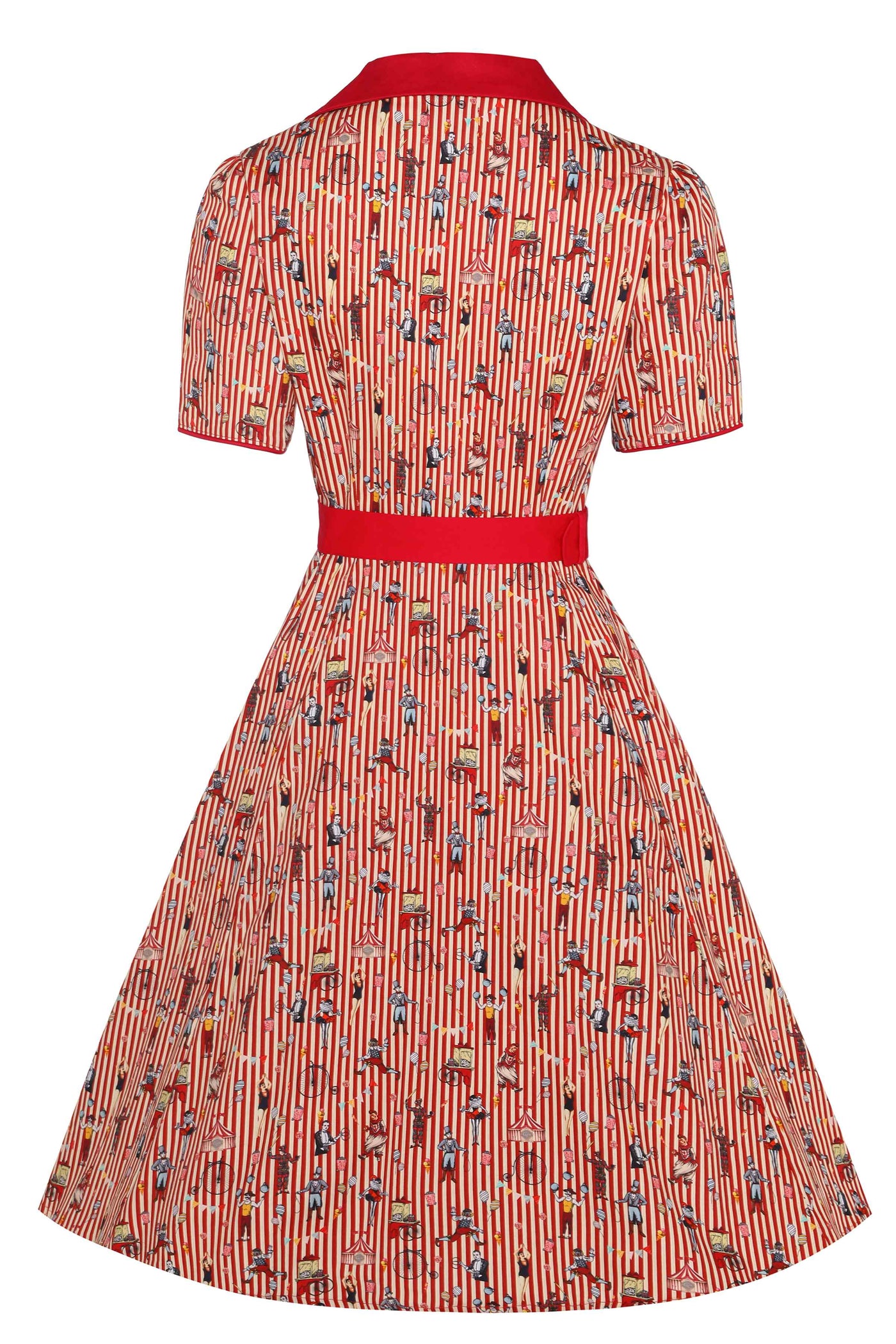 Back View of Red Vintage Circus Striped Shirt Dress With Collar