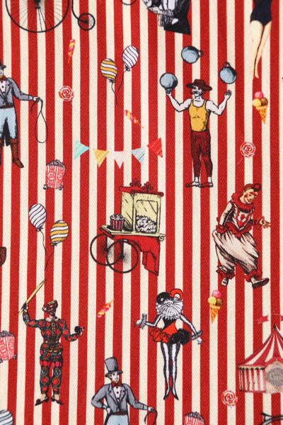 Close up View of Red Vintage Circus Striped Shirt Dress With Collar