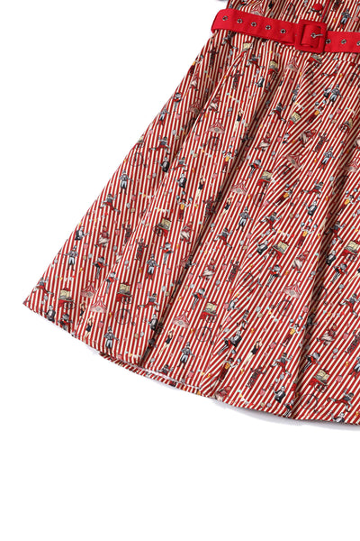 Close up View of Red Vintage Circus Striped Shirt Dress With Collar