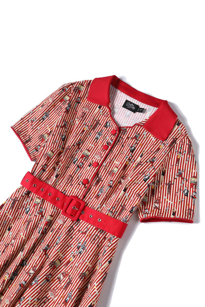 Close up View of Red Vintage Circus Striped Shirt Dress With Collar