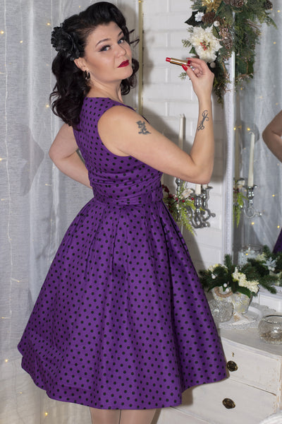 Retro Polka Dot Dress in Purple Black