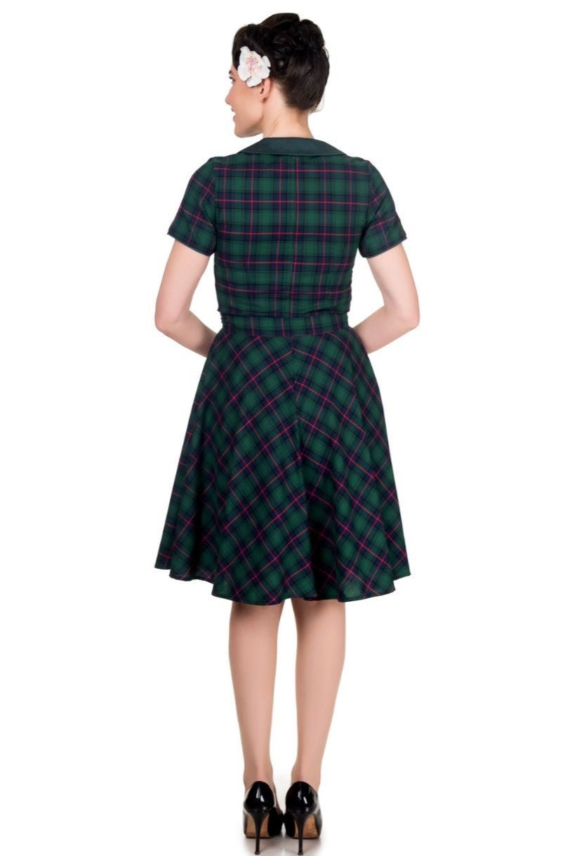 Model wearing Evelyn Retro Check Swing Dress in Green, back view