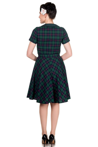 Model wearing Evelyn Retro Check Swing Dress in Green, back view