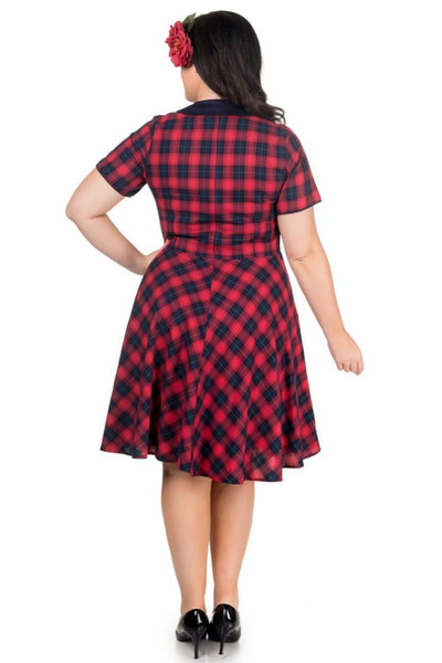 Model wearing Evelyn Retro Check Swing Dress in Red/Blue, back view
