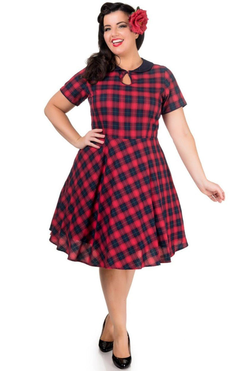 Model wearing Evelyn Retro Check Swing Dress in Red/Blue, front view