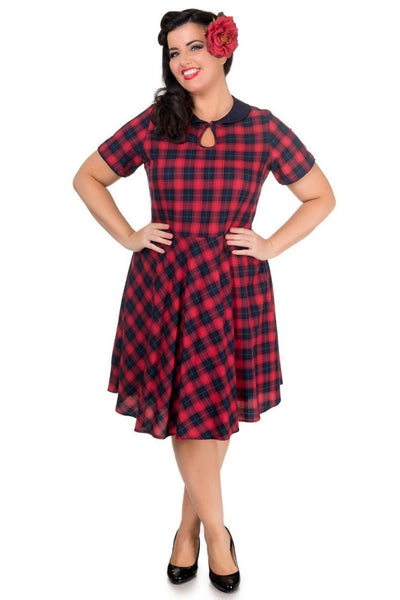 Model wearing Evelyn Retro Check Swing Dress in Red/Blue, front view