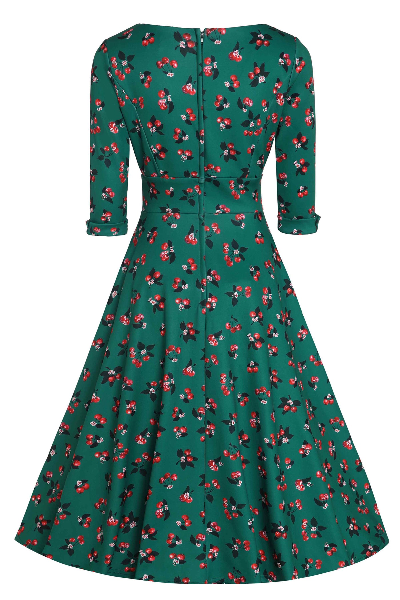 Back View of Retro Cherry Emerald Green Midi Dress